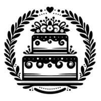Elegant TwoTiered Cake Silhouette, Surrounded by Laurel Wreath and Adorned with Floral and Heart Motif, Wedding Theme vector