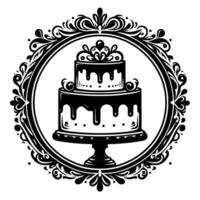 Elegant Black and White Illustration of a TwoTier Cake on a Pedestal Inside a Decorative Ornate Circular Frame. vector