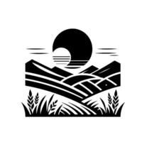 A landscape illustrating a serene scene of rolling hills, wheat fields, a sun rising over the horizon, and simple nature, all in a striking black and white silhouette. vector
