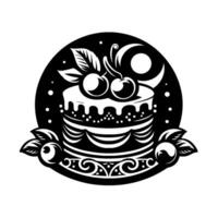 Elegant Black and White Cake Illustration, Featuring Cherries, Leaves, and Ornamental Within a Circular Composition. vector