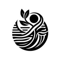 Black and White Minimalist Circular with Leaves, Sun, and Abstract WaveLike Elements in a Decorative Arrangement. vector