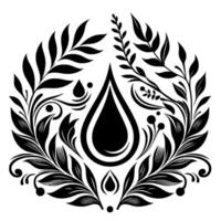 Ornate Black and White Circular Illustration Featuring a Water Drop at the Center, Surrounded by Leaves and Floral Elements. vector