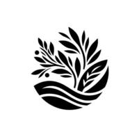 Stylized Black White Illustration of a Botanical within a Circular Shape, Depicting Leaves Berries. vector