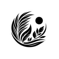 Intricate Black and White Botanical Design Leaves, Branches, and a SunMoon Element in a Circular, Minimalist Composition vector