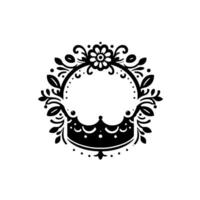 Ornate Black and White Royal Crest Featuring a Crown, Floral Elements, and a Circular Frame on White Background. vector