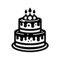 Twotiered birthday cake, monochrome line art with dripping frosting, decorative candles atop a circular base, against white backdrop. vector