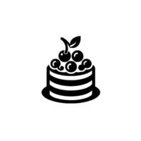 Black and white minimalist illustration of a multilayered cake adorned with cherries and a leaf on a white background, flat design. vector