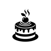 Black and white minimalist cake illustration, twolayered with dripping icing, cherry topping, and steam, on a plain background. vector