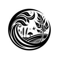 Stylized Black and White Circle Landscape featuring wheat fields, birds, trees, and a flowing decorative border. vector