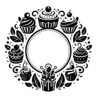 Monochromatic cupcake wreath, a circular with detailed illustrations of baked treats adorned with cherries, surrounded by stylized leaves, with a blank central space. vector