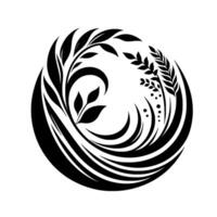 A symmetrical black and white floral within a circular frame, featuring leaves, curves, and organic shapes. vector
