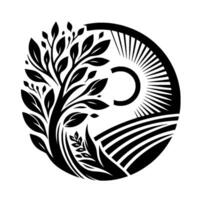 A stylized black and white circular emblem featuring a tree, sun, and fields, representing growth and natures harmony. vector