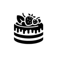 Minimalist Black and White Illustration of a TwoLayer Cake Decorated with Strawberries and Foliage, Isolated on White. vector