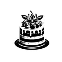 A stylized monochrome illustration depicts a round, multilayered cake lavishly adorned with cherries and leaves atop, presented on a plate. vector