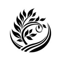 Black and white stylized organic emblem featuring a treelike structure within a curved, elegant frame, embodying growth and natural harmony. vector
