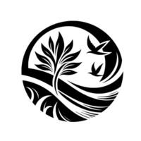 Stylized Black and White Circle Composition A Tree in a Field with Birds in Flight, Abstract, Minimalist, and NatureInspired. vector