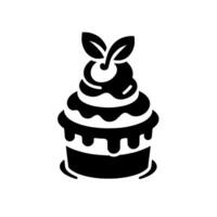 A stylized black and white illustration of a cupcake, topped with cream, a cherry, and leaves on a minimalist white background. vector