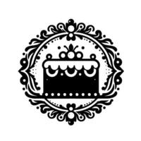 Elegant Black and White Cake Within Ornate Circular Frame, Featuring Intricate Floral Design, Decorative Pearls, and a Festive Aesthetic. vector
