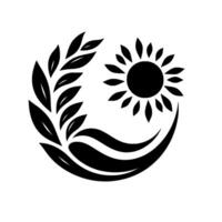 A stylized black and white emblem featuring a sun icon, foliage, and flowing lines to represent nature, and a sense of harmony. vector