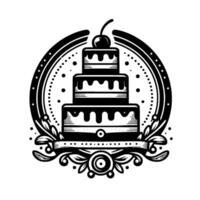 Intricate black and white illustration of a tiered cake topped with a cherry and encircled by decorative elements. vector