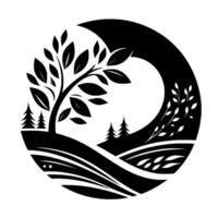 Stylized Black and White Circle Composition of Tree, Hills, Forest and Moon with Minimalist Aesthetic. vector