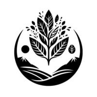 Black and white minimalist nature illustration featuring a stylized tree with leaves, mountain, sun, and landscape elements inside a crescent moon shape, evoking growth and balance. vector