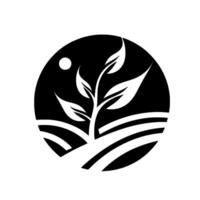 Monochromatic Round Composition Serene Black and White of Sprout Reaching Toward a Celestial Body Over Fields vector