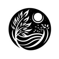 Serene Black and White Circular Landscape with Two Trees, Crescent Moon, and Wavy Hills Depicting Calm Nature. vector