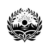 Black and White Scenic Emblem Circular of sunrise over mountains, trees, and water within a decorative floral frame. vector