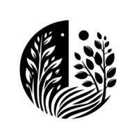 Abstract YinYang of Nature Half BlackandWhite Circle Depicting Plants, Sunlight, and Fields. vector