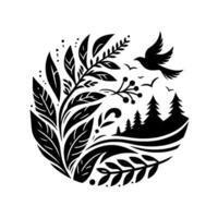 Stylized Black and White Nature Illustration Bird in Flight, Foliage, Pine Trees, Berries, and Stream in Circular Arrangement on White Background. vector