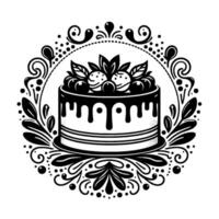 Elegant Black and White Illustration of a Decorated Cake with Floral Embellishments Enclosed in a Decorative Circular Frame. vector