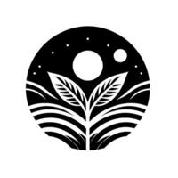 A stylized black and white illustration of a plant sprouting under a starry night sky and a moon, set within a circular frame. vector