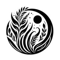Black and white stylized floral within a circle, featuring leaves, grass, and dots, minimalist and artistic. vector