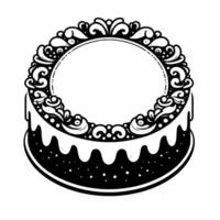Ornamental Black and White Cake with Frosting Dripping Down and Decorative Circular Frame. vector