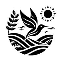 Minimalist Black and White Circle Composition Hummingbird Flight Over Fields with Sun and Birds vector