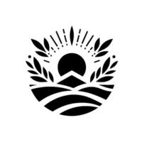 Stylized Black and White Circular Emblem Sun Rising Over Rolling Hills, Framed by Laurel Branches, Minimalist Design. vector
