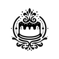 Elegant black and white cake emblem, featuring ornate swirls, dots, and a circle frame, showcasing a simple yet refined bakery design. vector