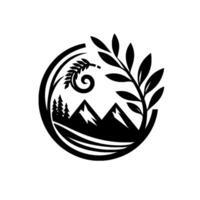 Circular Black and White Nature Emblem Mountains, Trees, Leaves, and Wheat within a Circle vector