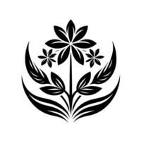 Black White Floral Crest Symmetrical composition featuring stylized flower clusters within a curved, leafy frame against a white background. vector