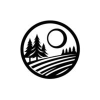 Black and white minimalist landscape illustration within a circle sun, trees, field, and horizon design. vector