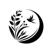 Monochromatic Botanical Circle with a Flying Bird, Leaves, Berries and a Star, evoking Nature and Tranquility. vector