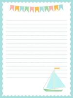 A page for marine-themed notes with a sailboat in soft colors vector