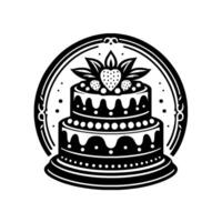 Elegant TwoTier Cake Emblem with Strawberry and Leaves, Set Inside Decorative Oval Frame, Minimalist Black and White Design. vector