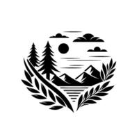 Circular minimalist illustration stylized mountain landscape with evergreen trees, sun, clouds, and water elements framed by laurel. vector