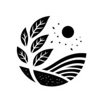 Black and white minimalist illustration of a stylized natural landscape, featuring leaves, sun, fields, and dots within a circular arrangement. vector