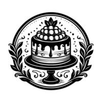 Elegant black and white illustration of a layered cake with drip frosting, topped with berries, on a pedestal, framed by a decorative wreath and a dotted circular border. vector