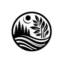 Circular monochrome depicting nature scene with evergreen forest, flowing water, leafy tree, moon, and crescent. vector