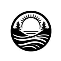 Circular Black and White Featuring a Sunrise Over a Lake Scene with Pine Trees and Rolling Hills, Minimalist Design. vector