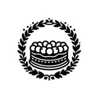 Black and white illustration of a layered cake, adorned with orbs, set within a decorative laurel wreath, celebrating baked goods. vector